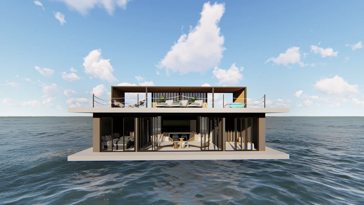 Front view of the Zeppelin Houseboat and its two terraces — project visualisation