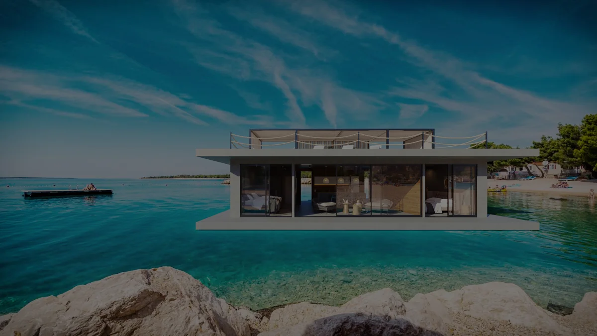 Exterior of the Zeppelin Houseboat by the water — project visualisation