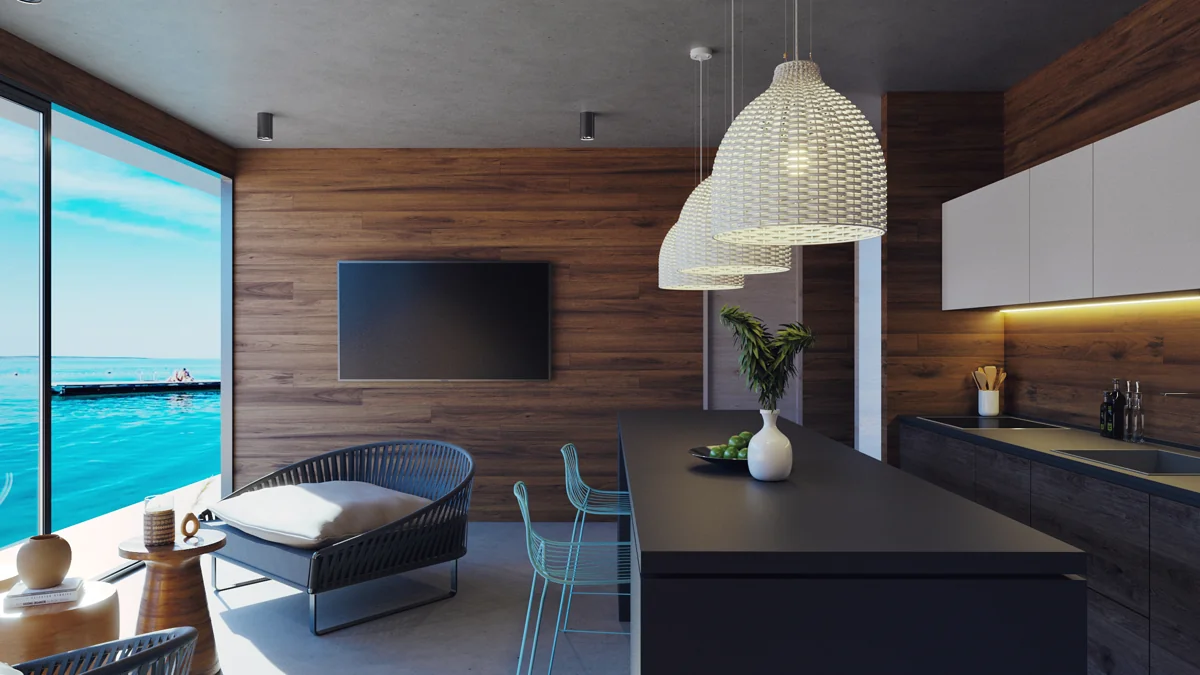 Kitchen and living space opening towards the water — project visualisation