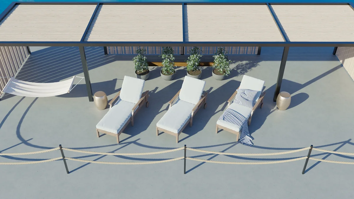 Sun loungers on the Zeppelin Houseboat roof terrace — project visualisation